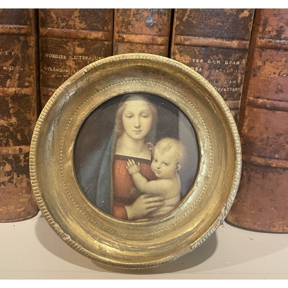 Vtg Italian Florentine Madonna Child Gold Gilt Wood 3.5" Mini Wall Plaque